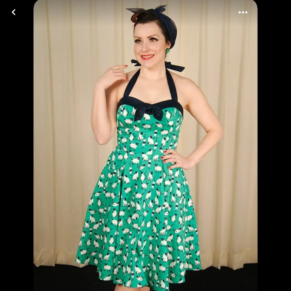 NWT Eva Rose vintage inspired rockabilly swing dress with halter cat print L - Picture 2 of 16